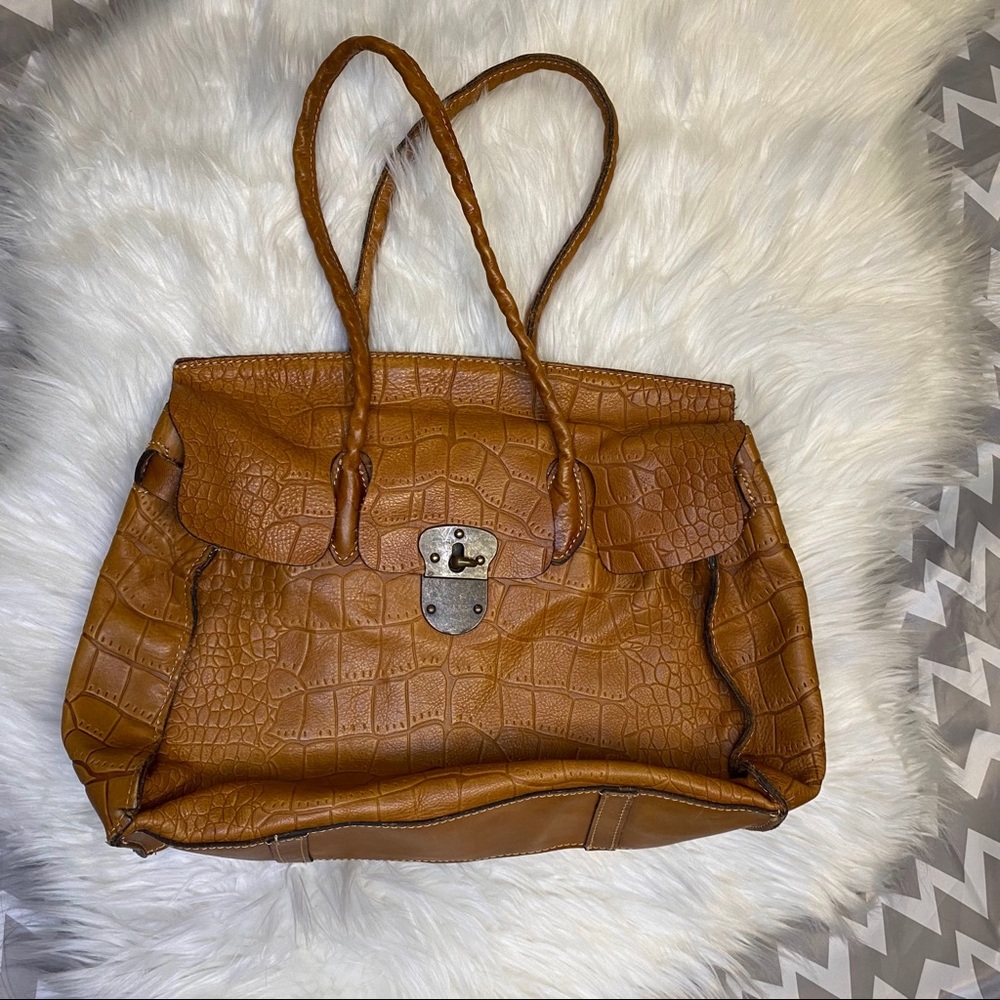 Patricia Nash Large Brown Leather Croc Shoulder Bag